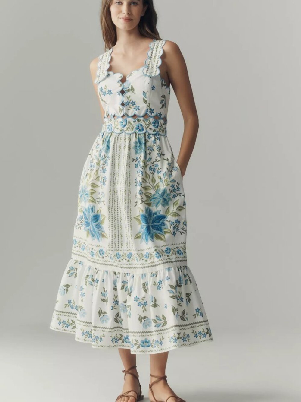 Farm Rio x Anthropologie Sleeveless Scallop-Trim Printed Midi Dress